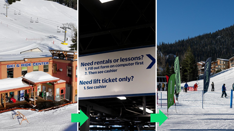 three images of ski and ride center, sign, and lesson meeting area