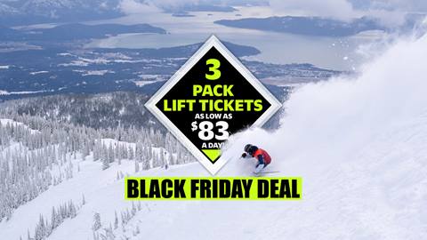 picture of skier at schweitzer mountain resort with 3 pack lift tickets graphic for advertising price for $83 per day