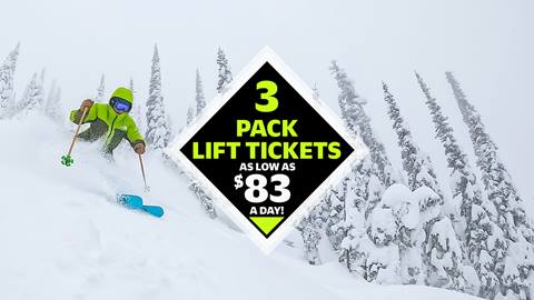 image of skier riding through powder and trees with graphic saying "3pack lift tickets as low as $83 a day"