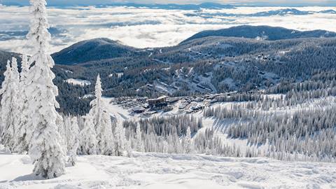 snow covered mountain at Schweitzer with view of the Village from the slopes