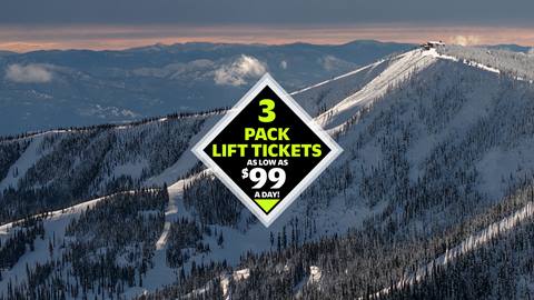 picture of mountains at Schweitzer with 3pack graphic for $99 per day over it