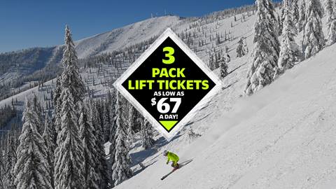 promotional image of skier at Schweitzer with a graphic explaining 3 pack lift ticket deal