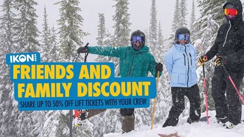 three people on the slopes smiling at the camera with friends and family ikon logo
