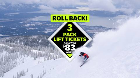 person skiing with graphic displaying deal for 3-pack lift tickets for $83 a day
