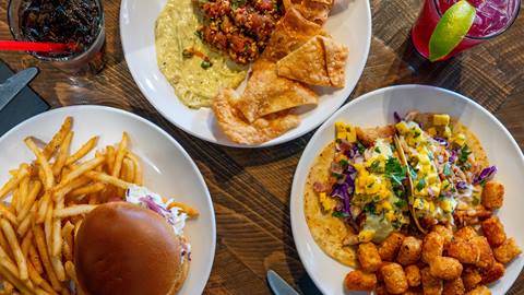 plated sandwiches, tacos, and ahi poke at Chimney Rock