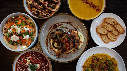 birds eye view of plates of food available this fall at Crow's Bench at Schweitzer
