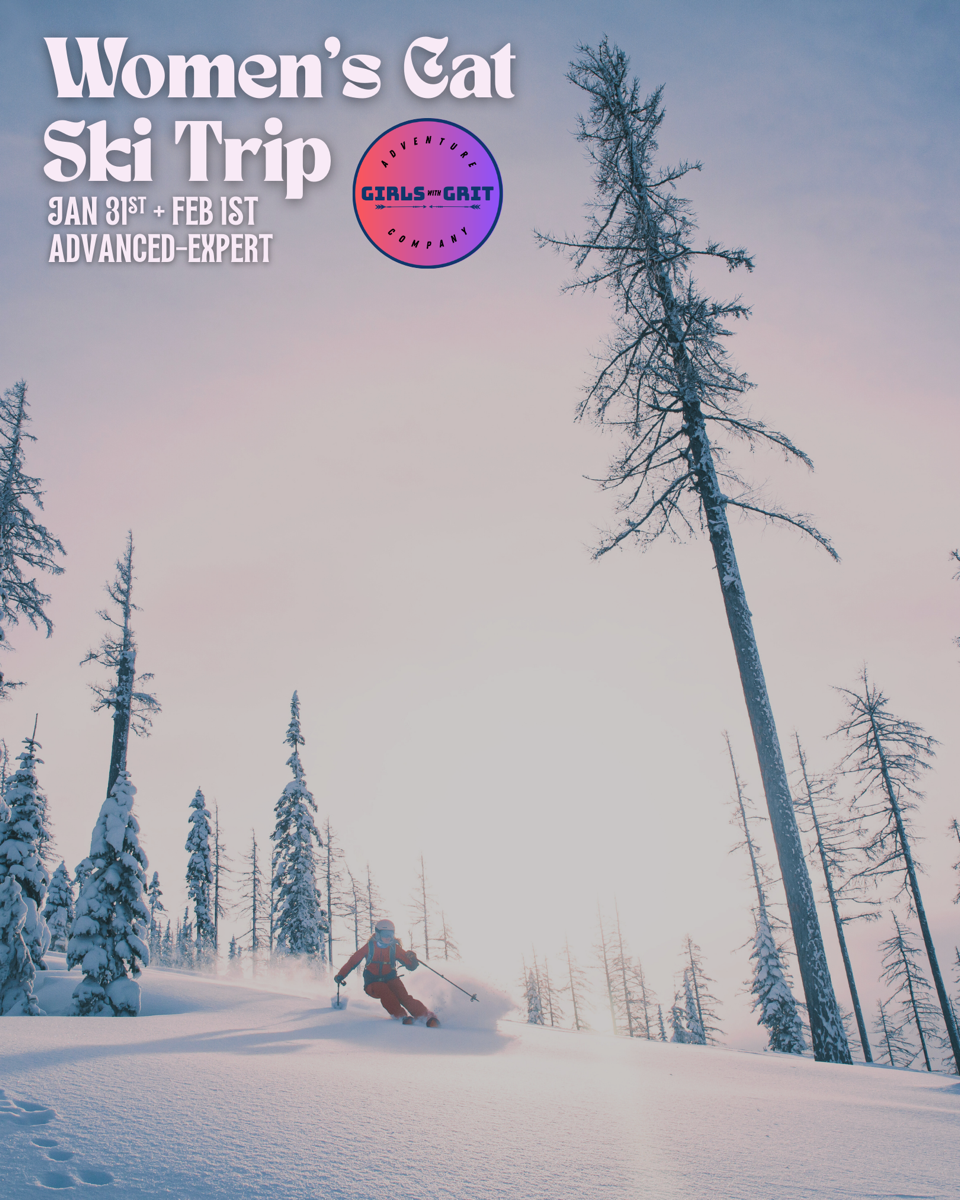 skier riding through powder with graphic promoting cat ski trip at Schweitzer