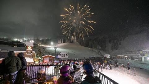 people on Taps deck watching fireworks at Schweitzer