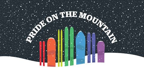graphic design of rainbow skis and snowboards for Schweitzers pride on the mountain event