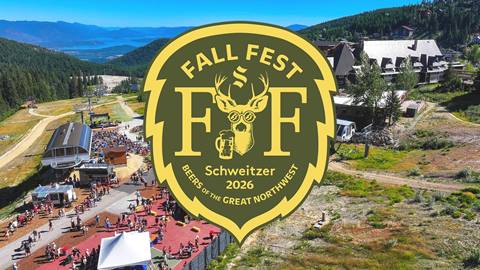 drone image of Schweitzer village at Fall Fest with Fall Fest Logo overlayed