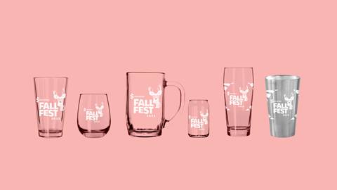 image of 2025 souvenir beer glasses for Fall fest with pink background