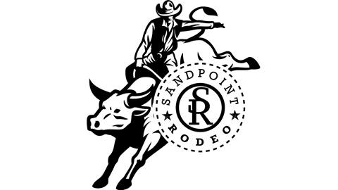 logo of sandpoint rodeo showing cowboy riding a bull