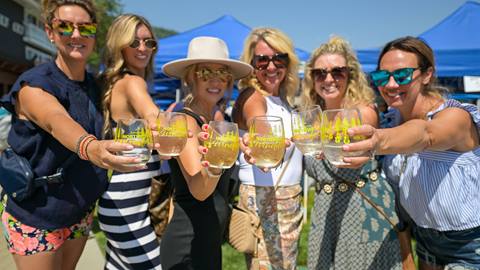 group of women holding out their souvenir wineglasses at winefest at schweitzer