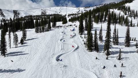 drone view of banked slalom race at Schweitzer