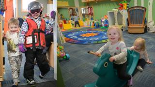 toddlers play with educational toys inside the schweitzer licensed childcare and daycare facility