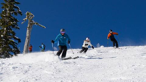 adults carving turns on a sunny slope at schweitzer during adult ski lessons