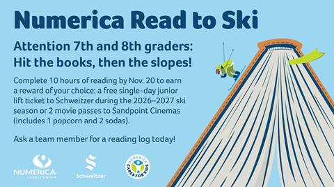 graphic of skier riding down a book for Numerica & Schweitzer's read to ski program