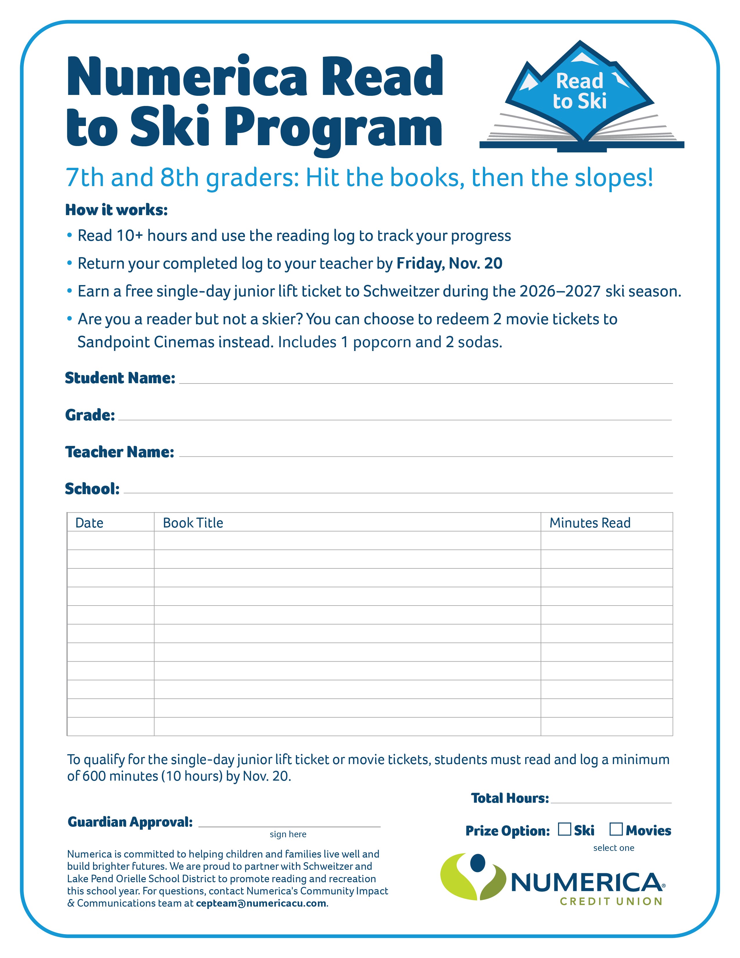 form to complete for Numerica's Read to ski program