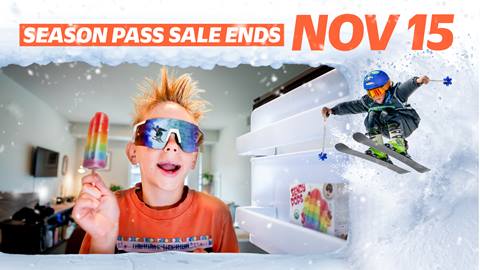 image of kid holding popsicle in freezer door with reflection of skier in his glasses. Text saying "pass sale ends November 15"
