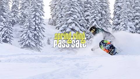 snowboarder riding through sunny powder with spring fling logo