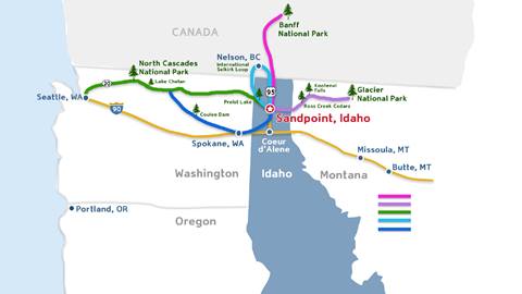image of map showing multiple different routes and ways to get to Schweitzer mountain in Sandpoint
