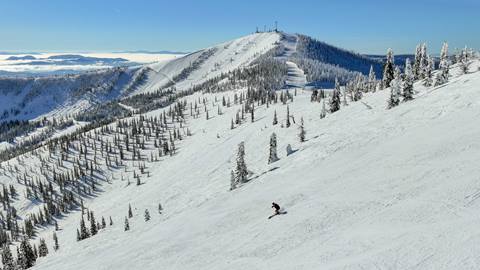 skier making wide turns at Schweitzer with ski rentals on a blue sky winter day