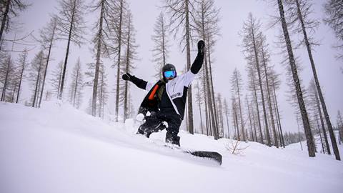 snowboarder turning through snowy trees at Schweitzer using snowboard rentals