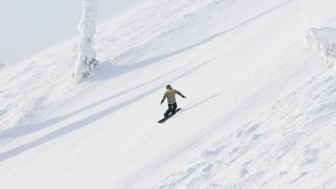 snowboarder gliding down a steep winter slope at Schweitzer using snowboard rentals