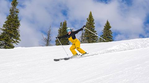 Skier with happy arms up at Schweitzer