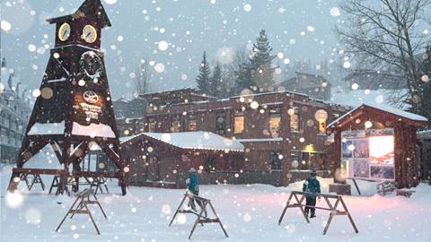 people walking through the snowy village at schweitzer near the ski storage rental area