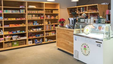 Interior image of the Market shelves and ice cream