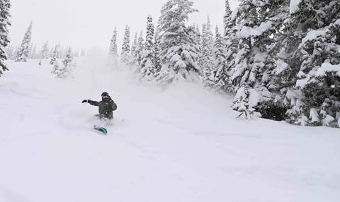 snowboarder riding in deep powder