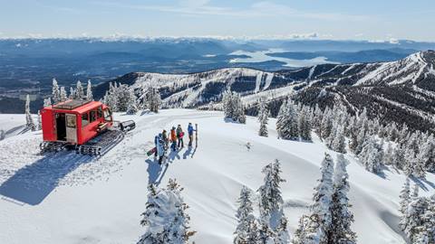 drone image of group of skiers ready to go explore the backcountry at Schweitzer