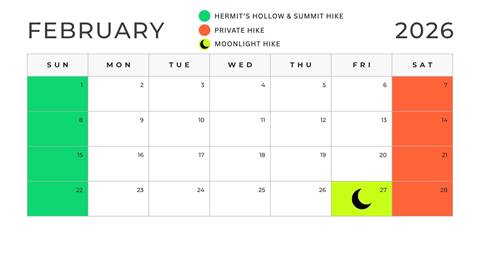 February calendar for hosted snowshoe hikes