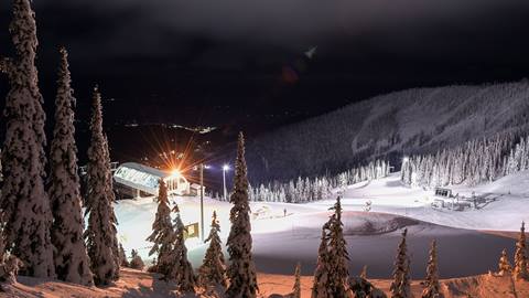 night skiing on trail with trees at schweitzer mountain