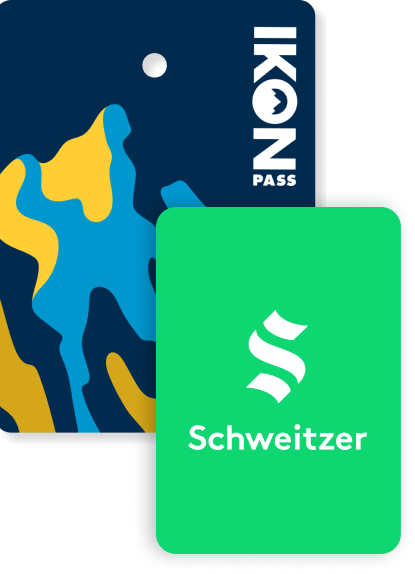 Collage of season passes, Ikon Pass creative in the back, and a Schweitzer pass in front