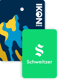 Collage of season passes, Ikon Pass creative in the back, and a Schweitzer pass in front
