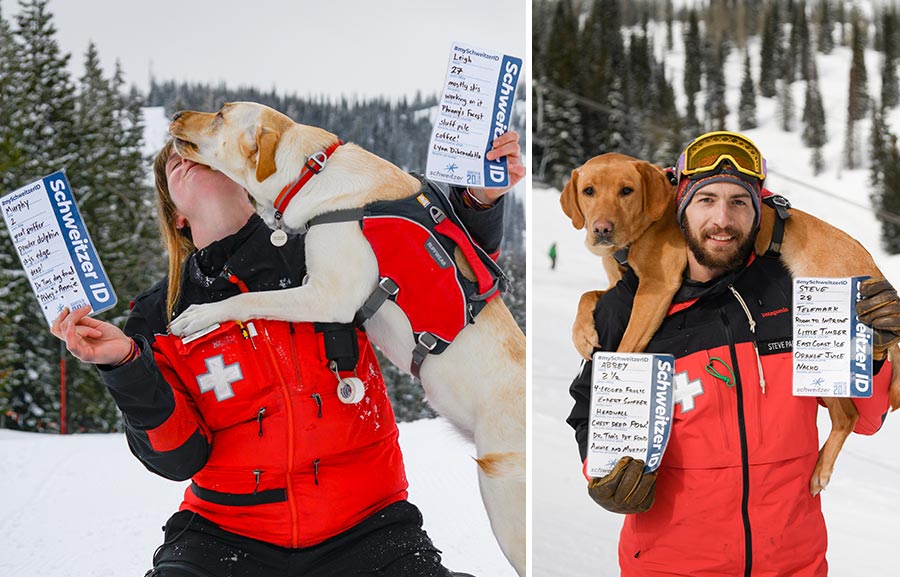 Ski patrollers with thier avy dogs holding  SchweitzerID cards