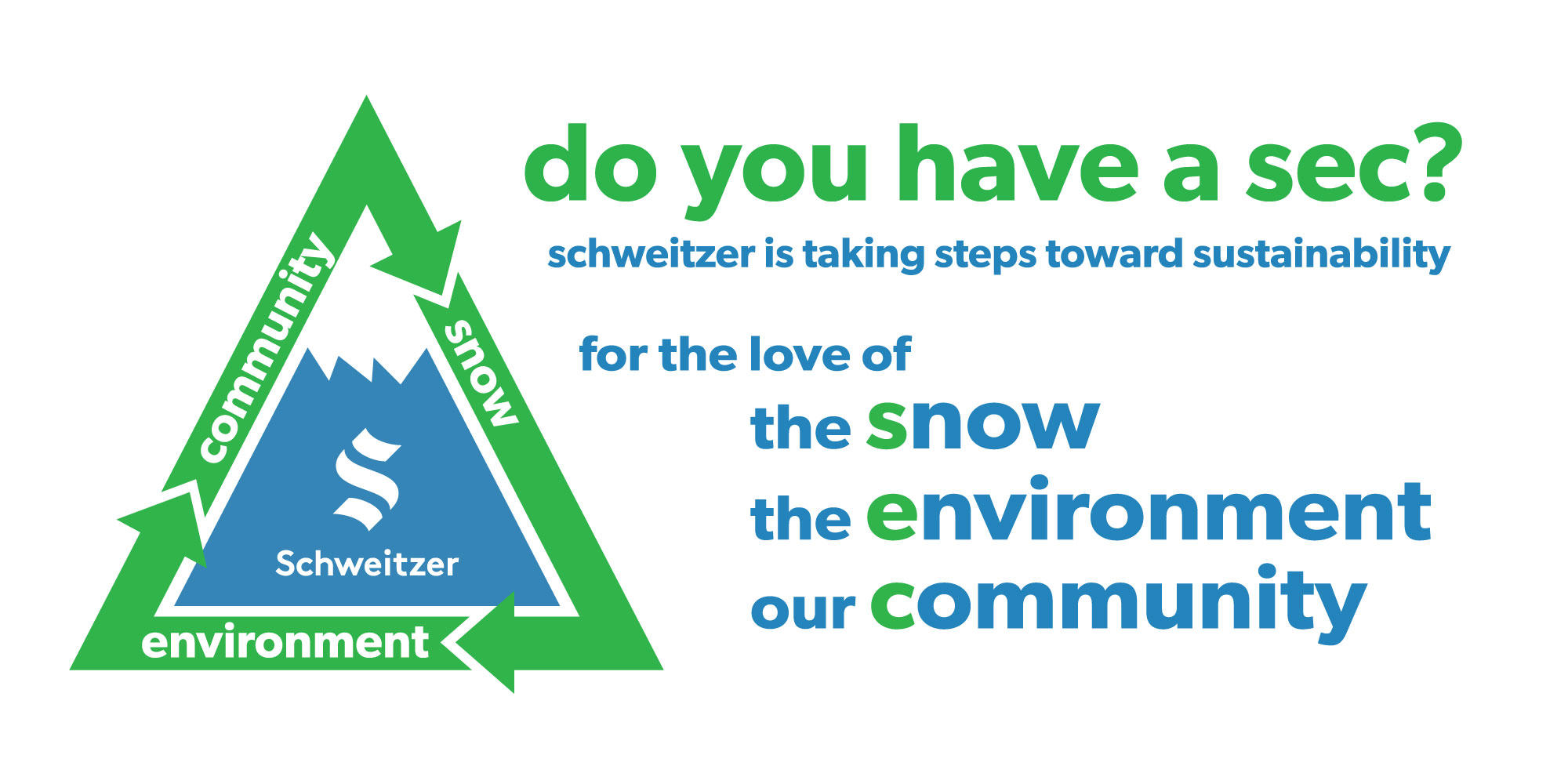 Logo: Do you have a sec? for the love of snow, the environment, for our community. Schweitzer taking steps toward sustainability. 