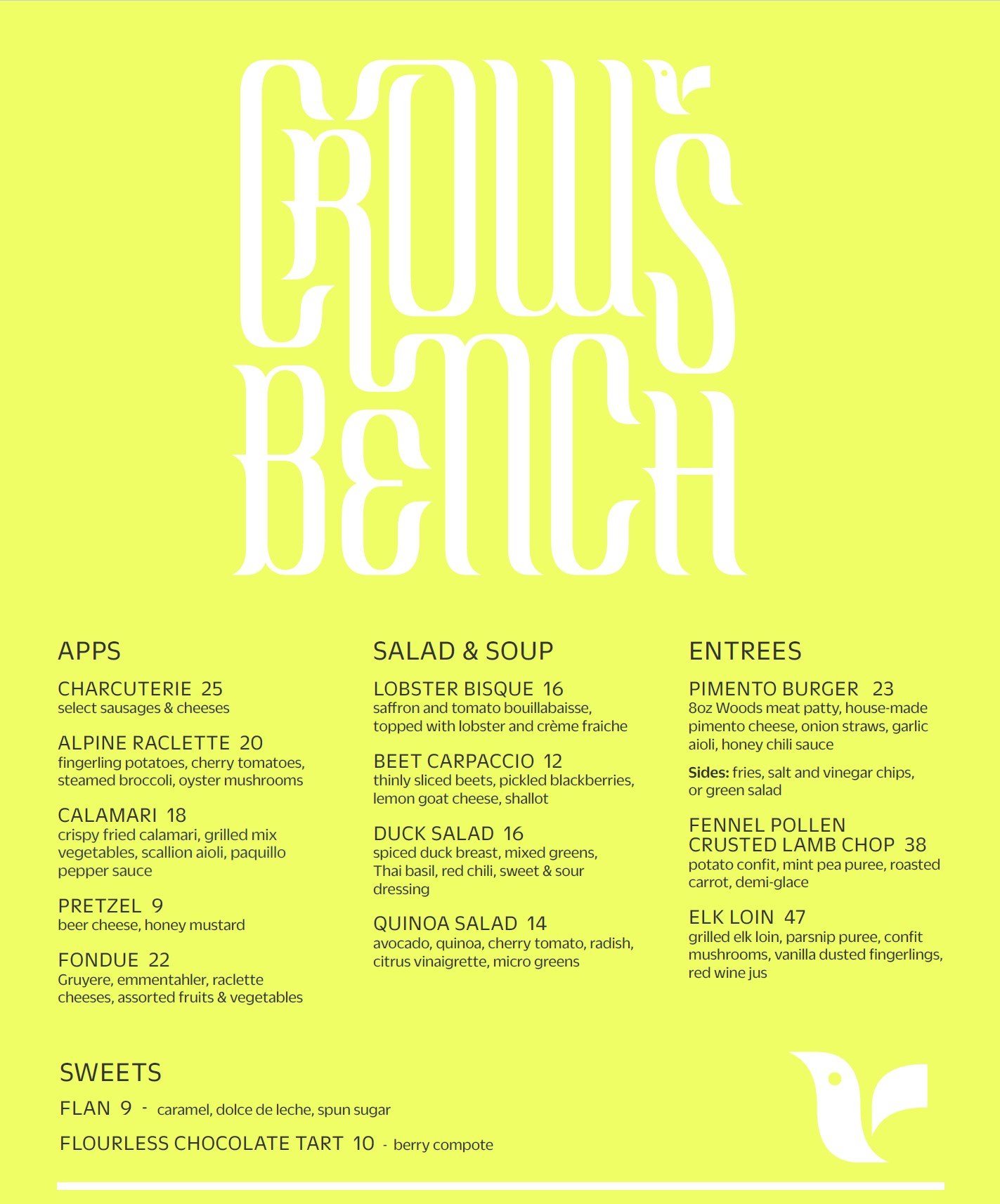 image of the Crows Bench Spring Menu