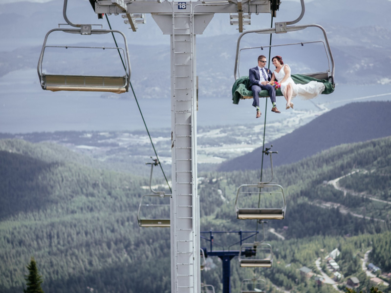 bridal couple on chairlift